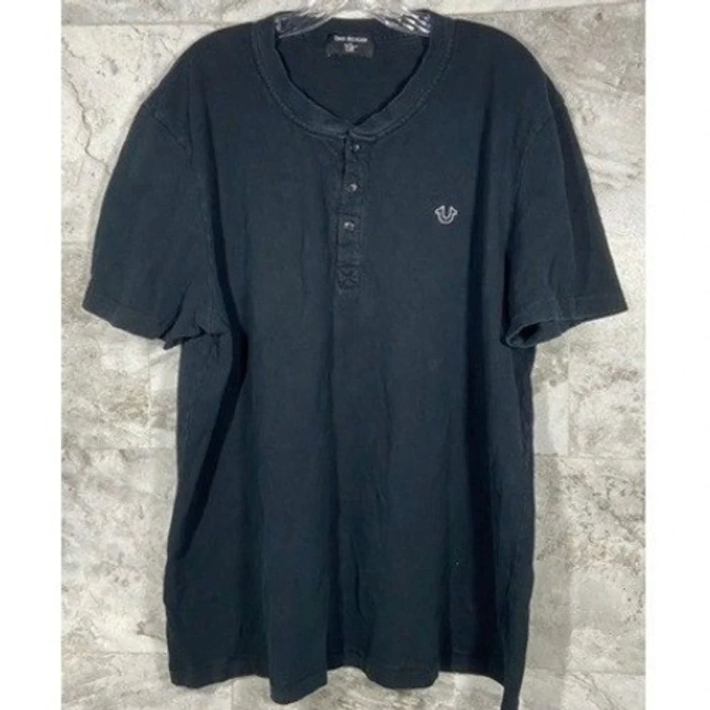 True Religion Men's Short Sleeve Henley Shirt Black Cotton Logo XL